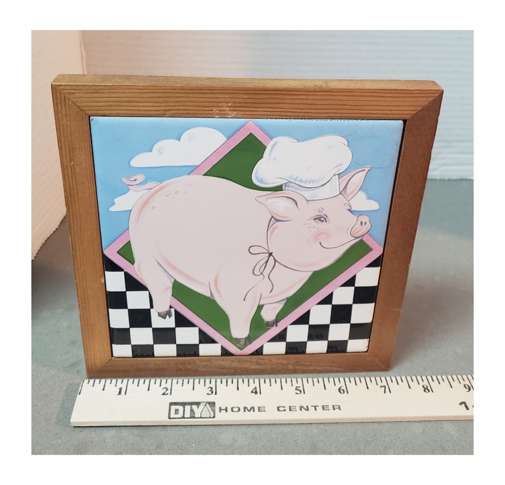 Vintage 80s Chef Pig Framed Ceramic Tile