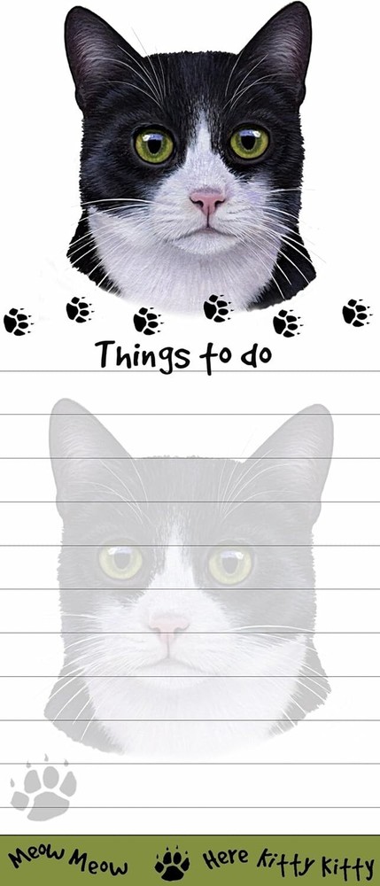 BLACK & WHITE CAT Die Cut List Pad/Note Pad with Magnetic Back
