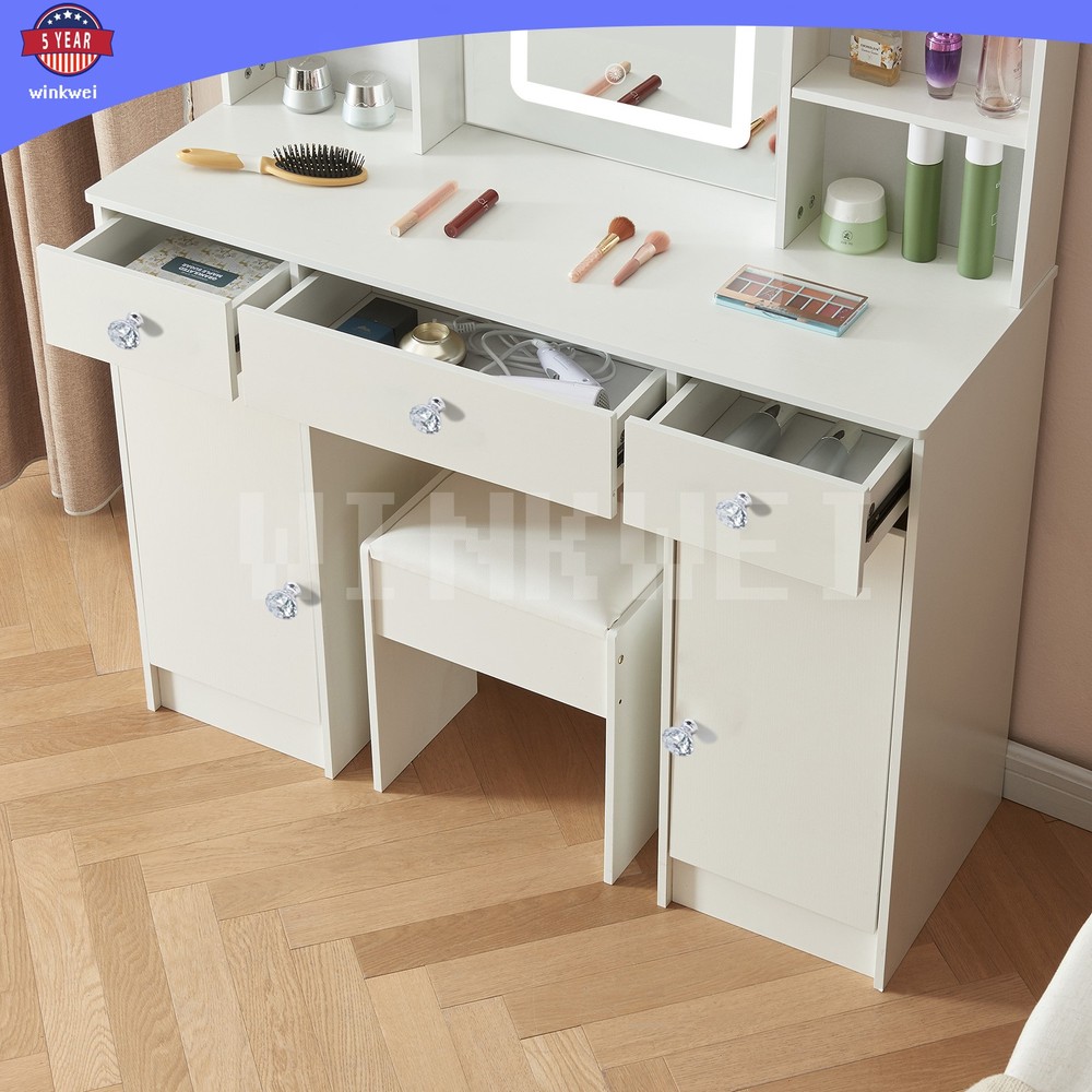 Makeup Vanity Table with Smart LED Mirror 5 Drawers & Crystal Pull Dressing Desk