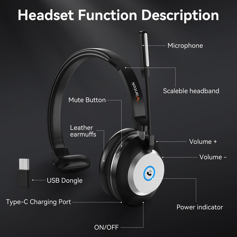 Bluetooth Earpiece with Microphone USB Dongle Wireless Headset for PC/Phone