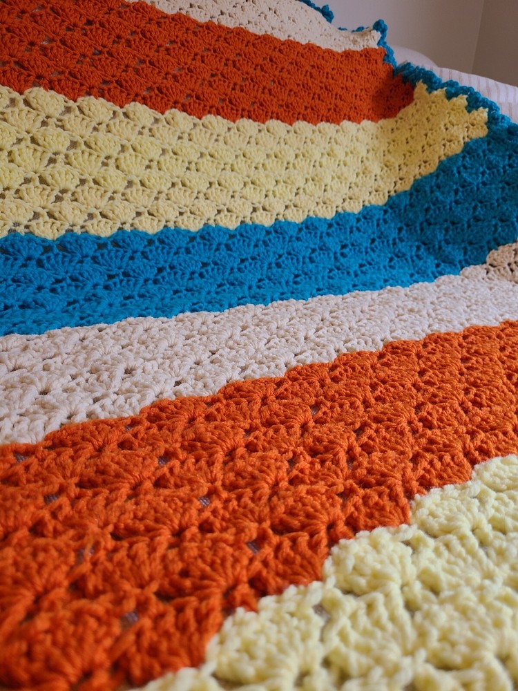 Multi Color Blue,yellow,orange,cream Stripped Crochet Throw