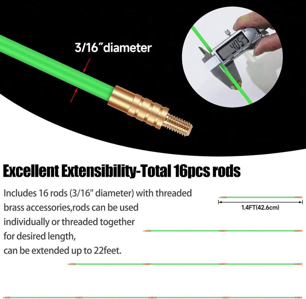 22FT Fiberglass Running Electrical Wire Cable Glow Rods Wire Pulling, Fish Ro...