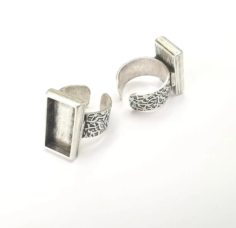 Rectangle Antique Silver Ring Blank Settings, Cabochon Mounting Adjustable Resin
