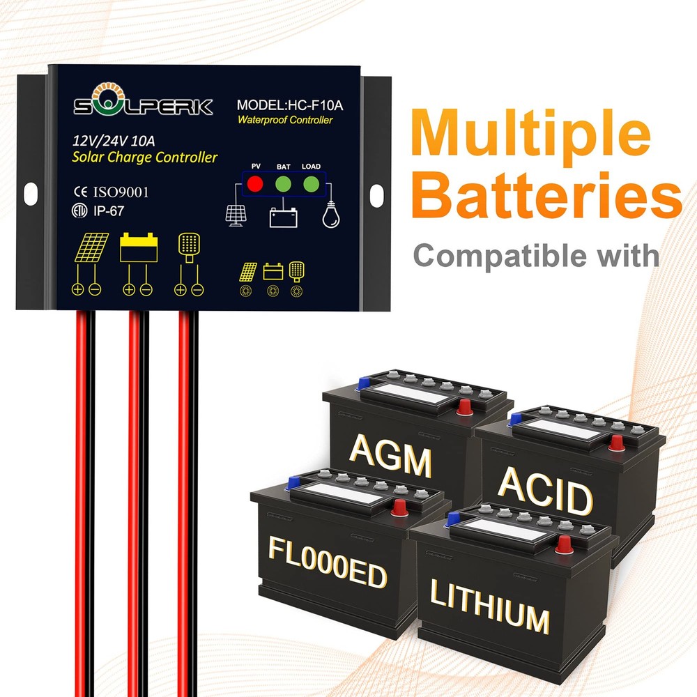 10A Solar Charge Controller Waterproof Solar Panel Controller 12V/24V PWM Sol...