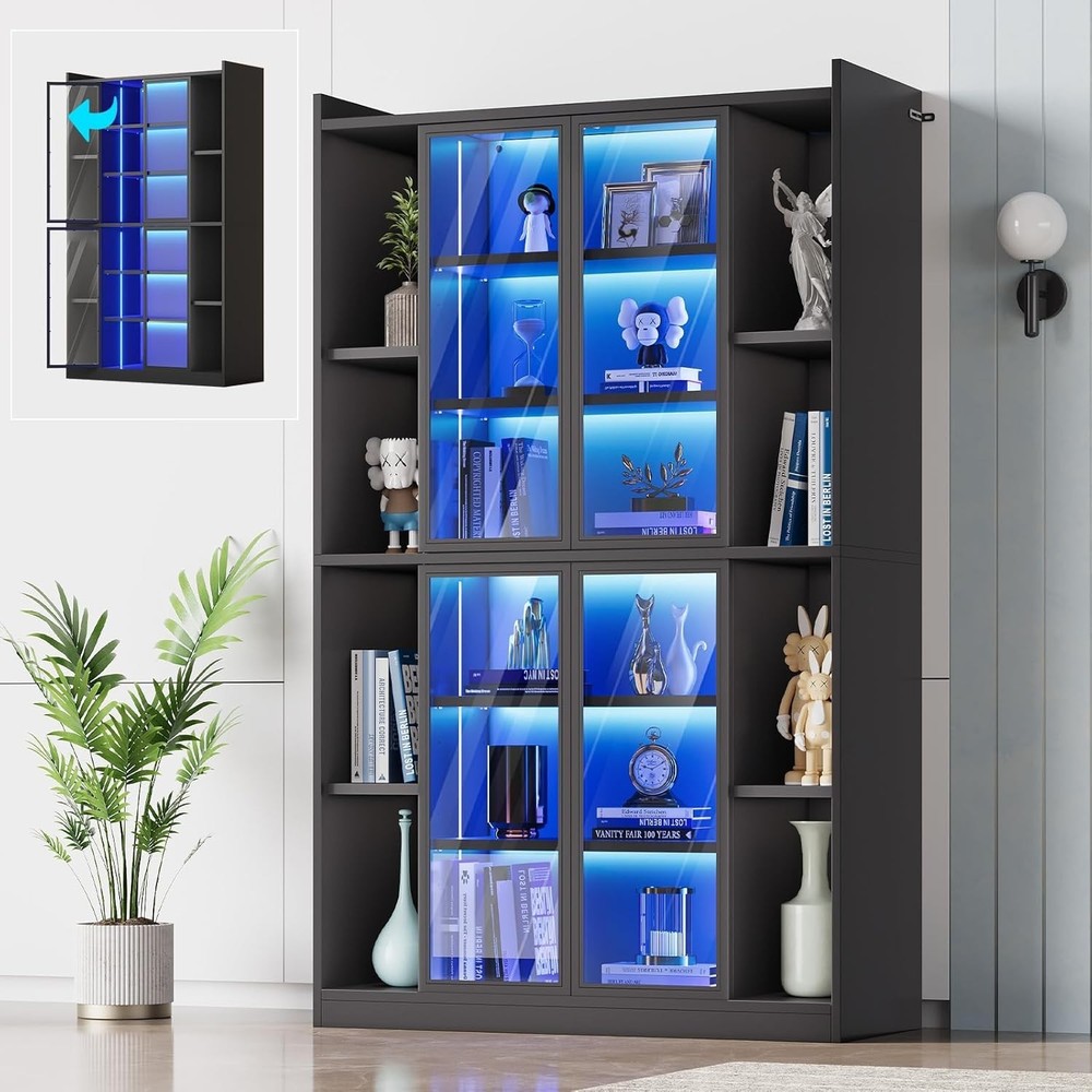 71" Display Cabinet with Glass Doors, 6 Tier Tall Bookcase with LED Lights