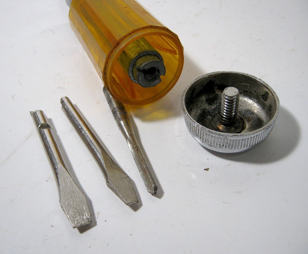 Vintage Yellow Handle Push Drill Screwdriver w 3 Bits Hand Tools Woodworking