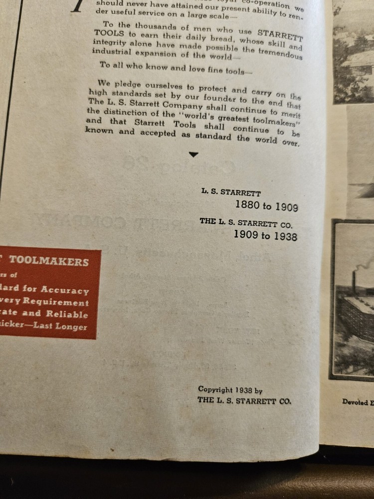 Starrett 1938 Tool Catalog #26 Machinists Tools Precision Book