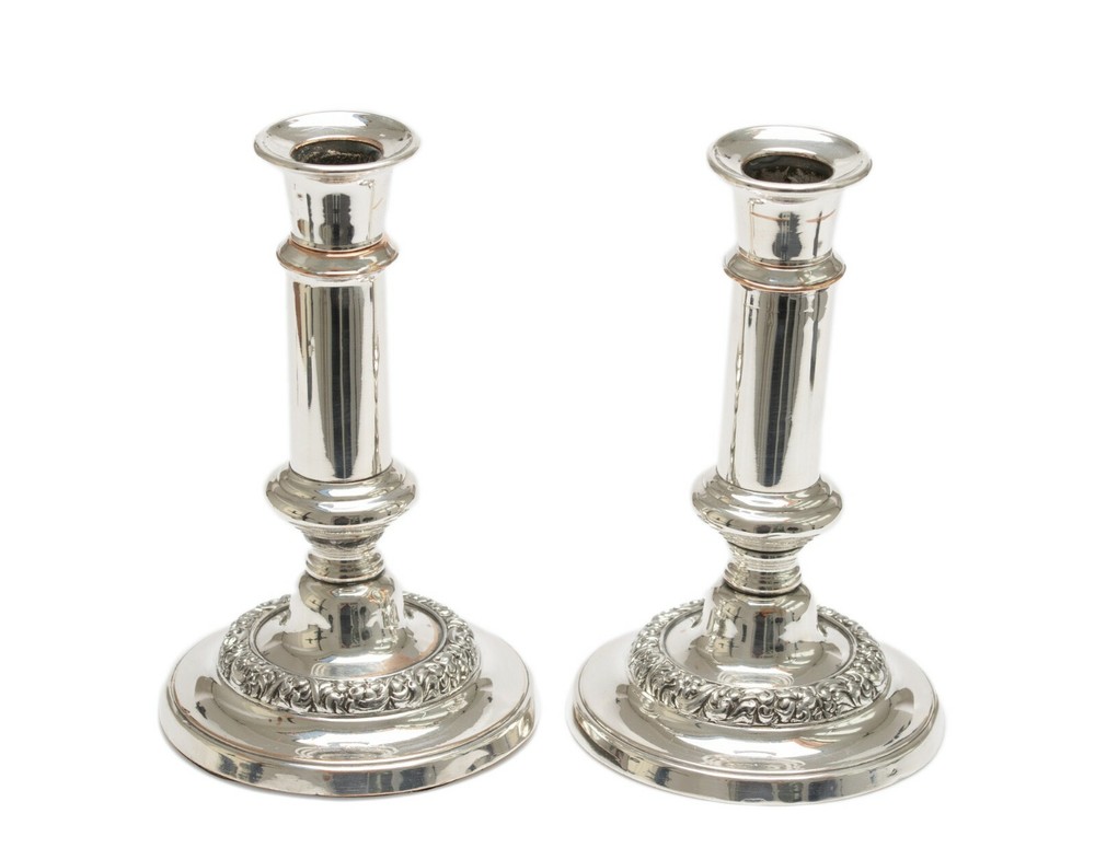 Pair Antique Victorian Silver Plated over Copper Telescoping Candlesticks