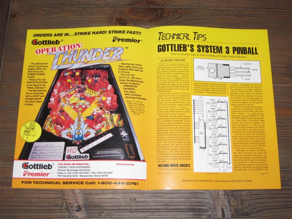 Operation Thunder Gottlieb Pinball Flyer / Brochure / Ad Mint
