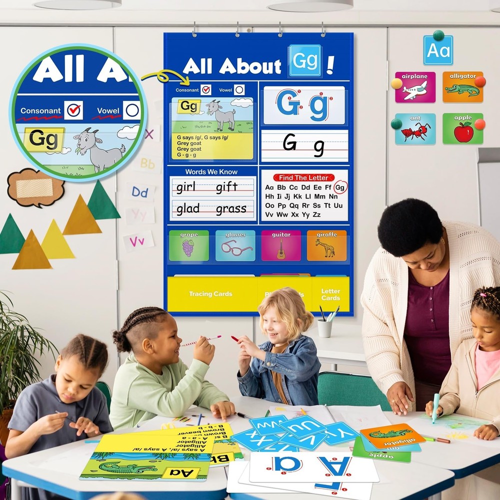 Alphabet Learning Pocket Chart, Circle Time Learning Center Alphabet Flash Ca...