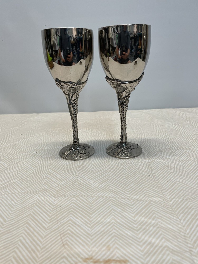 2 Silver Plated Godinger Wine Goblets with Grape Stem Design