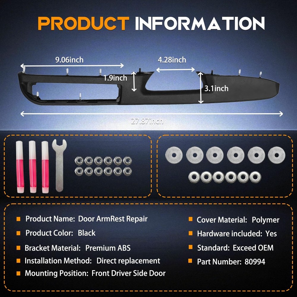 80994 Front Driver & Passenger Side Armrest & Side, Black