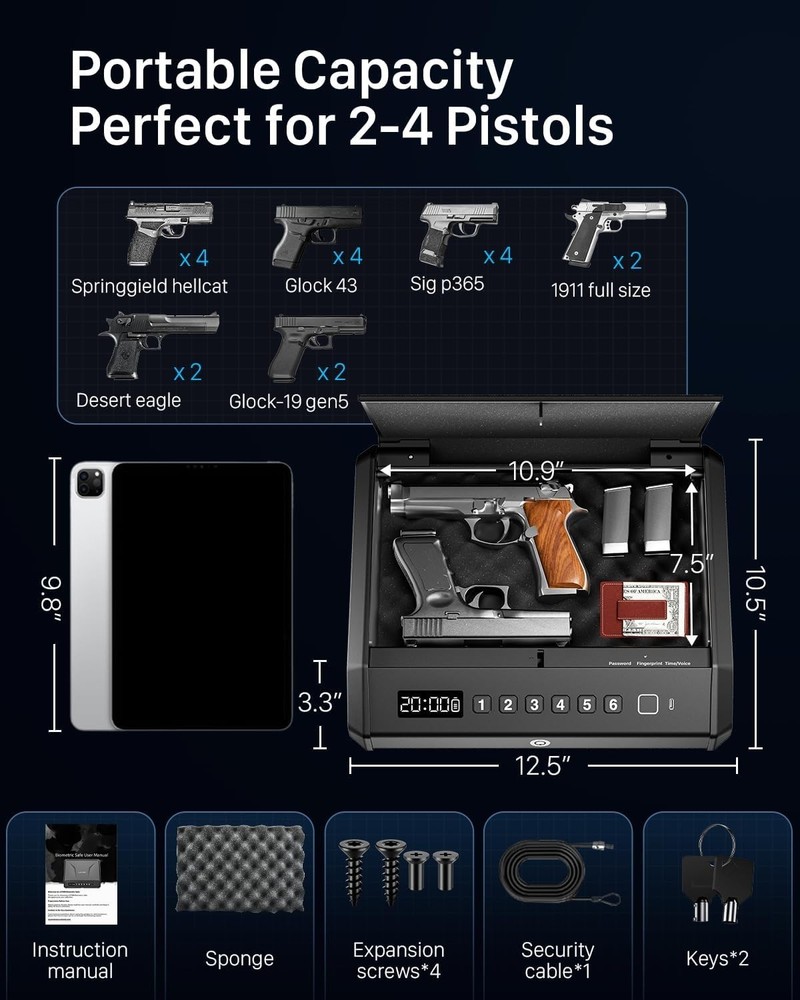 Robust Biometric Gun Lock Box - Silent Mode & Ample Storage for 2-4 Firearms