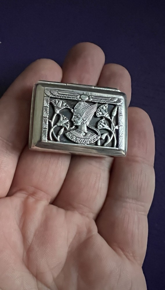 Superb Solid Silver Egyptian Revival Pill / Snuff Box Pharaoh