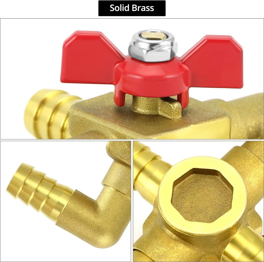 QWORK Solid Brass 5/8" 4-Way Heater Control Valve with Switch, 16mm Hose Barb Au