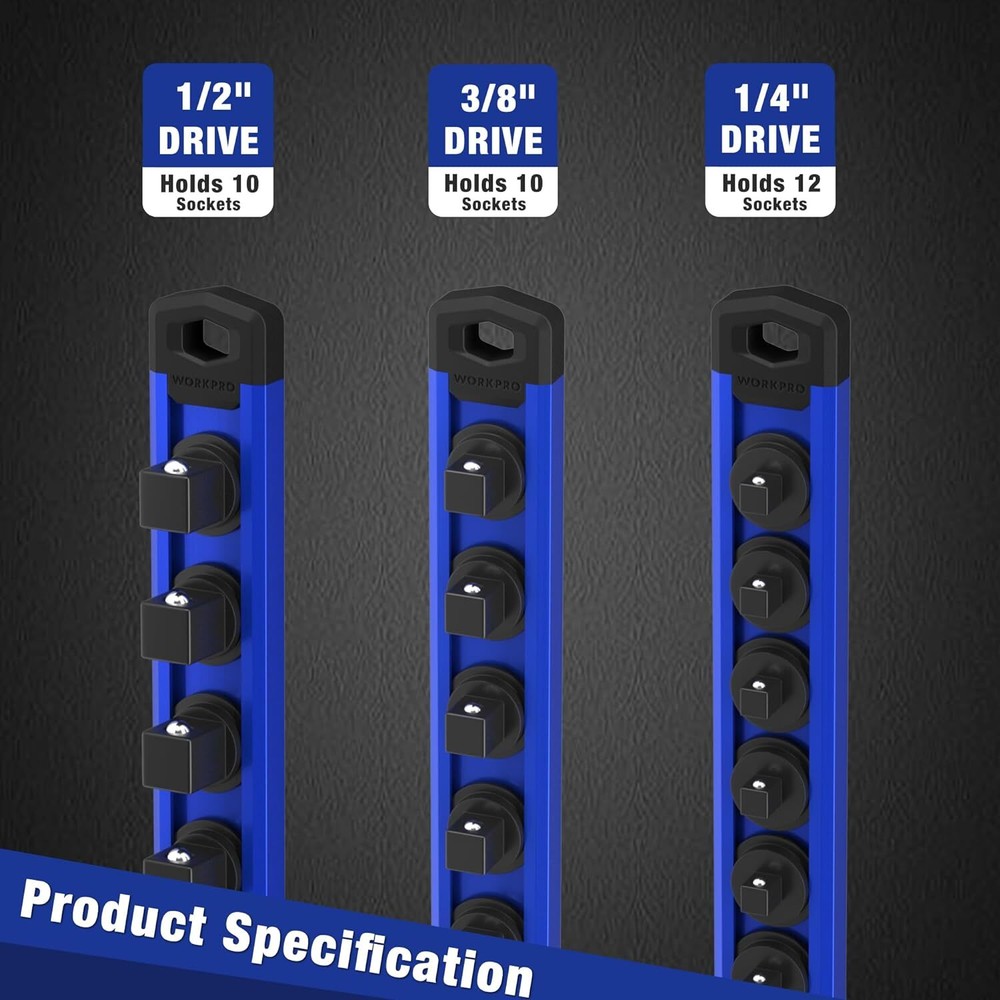 WORKPRO MultiColor 1/4'' Dr Magnetic Socket Organizer Aluminum Alloy Socket Rail