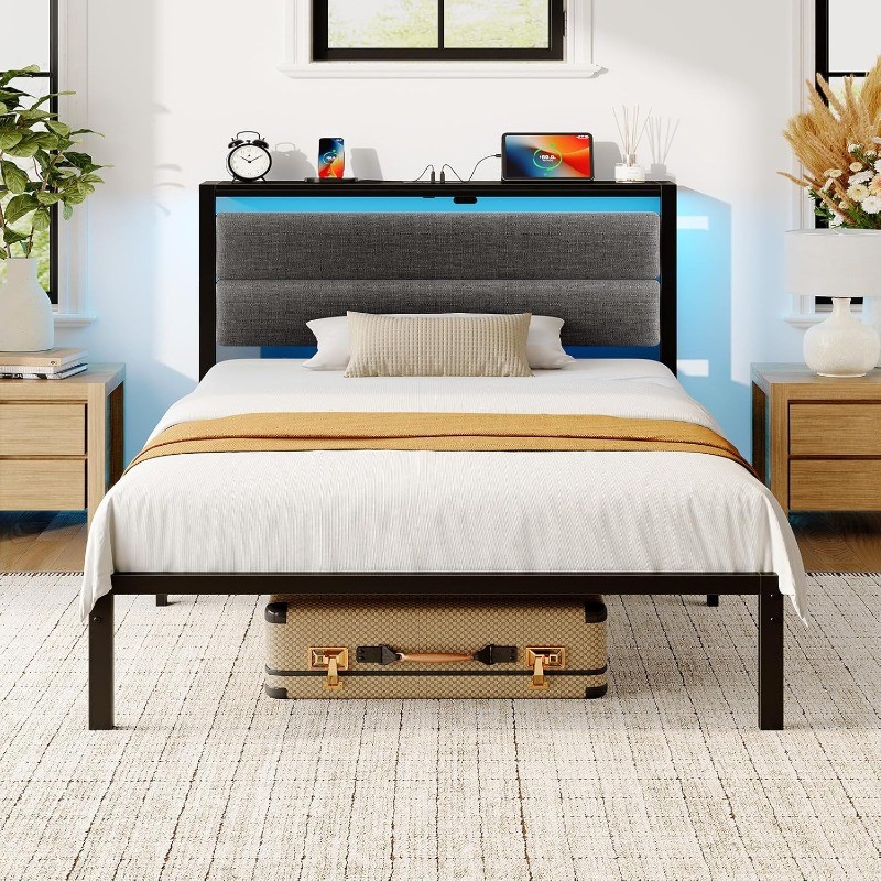Seventable Twin Bed Frame with Upholstered Storage Headboard