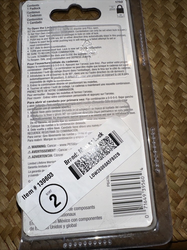 MASTER LOCK COMBINATION PADLOCK 1" SHACKLE NO. 175D RESETTABLE COMBO