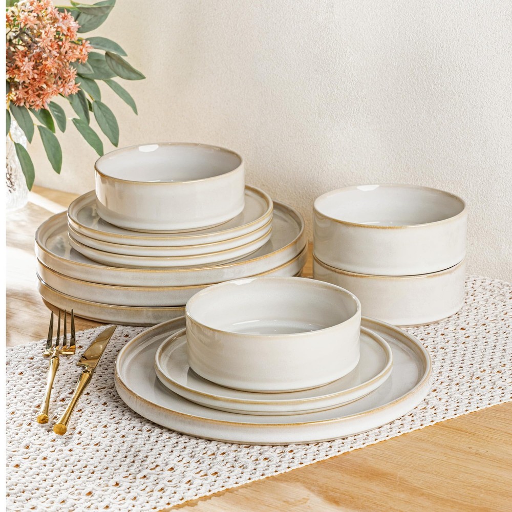 Ceramic Dinnerware Sets, Handmade Reactive Glaze Vanilla White Service for 4