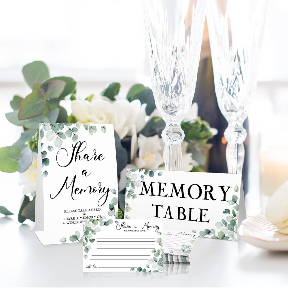 52 Pcs Greenery Eucalyptus Share a Memory Cards and Memory Table Signs Greene...