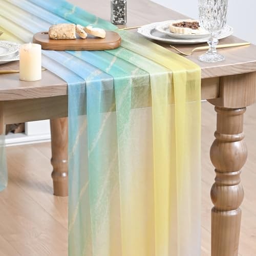 Boho Gradient Yellow Blue Stripes Spring Chiffon Table 28" x 120" Yellow/Blue