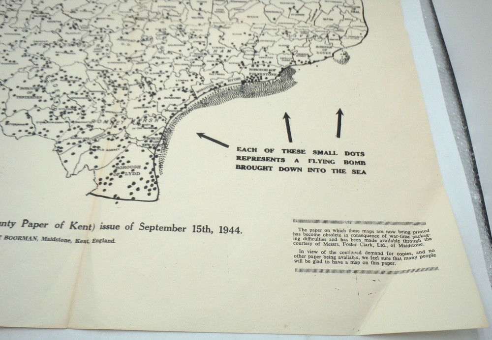 WWII British Where The Doodle Bugs Crashed in Kent Map