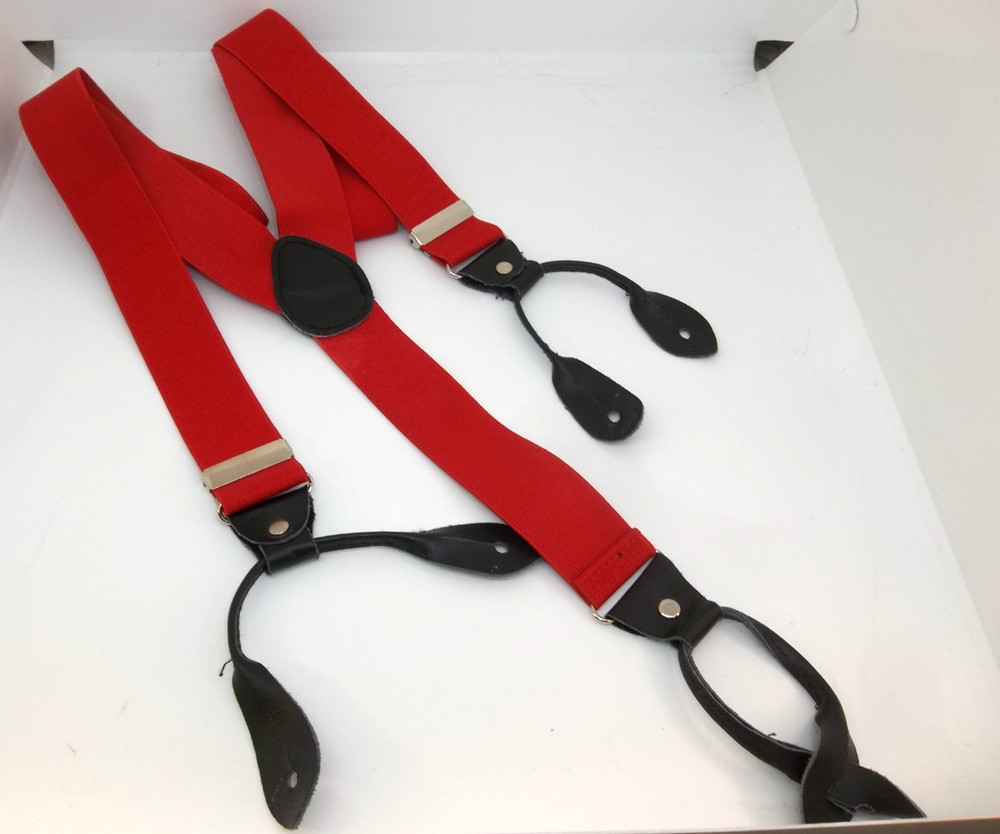 MENS RED SUSPENDERS BRACES ELASTIC BUTTON ADJUSTABLE LEATHER  NEW
