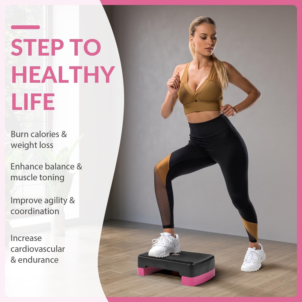 18" Aerobic Step Platform, Workout Stepper with Adjustable 2 Stackable Risers...