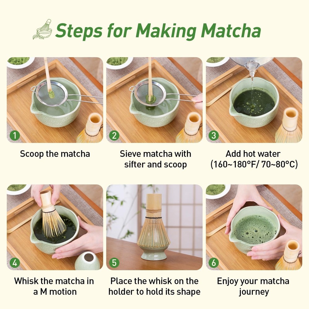 Matcha Whisk Set,5 Pcs Matcha Kit includes 18OZ Ceramic Bowl with Spout,Bambo...