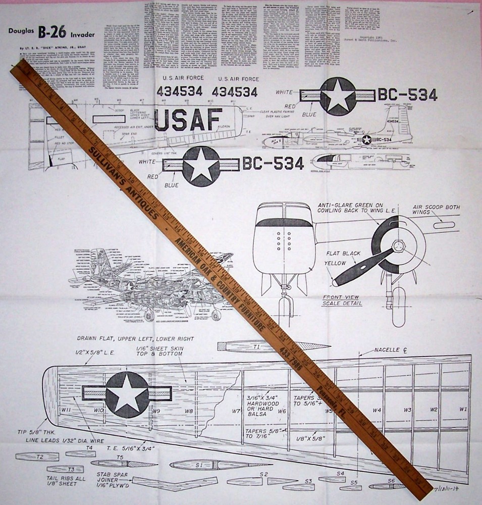 B-26 EXACT SCALE PLANS + CONSTRUCTION ARTICLE for 52" WW 2 UC Model Airplane