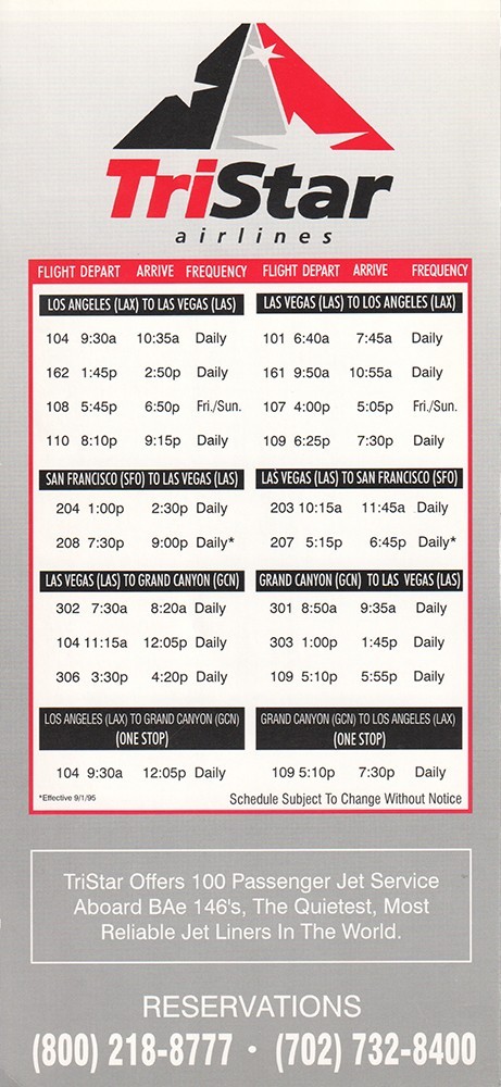 TriStar Airlines timetable NO DATE @Summer 1995