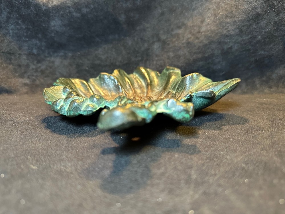 Vintage Heavy Bronze Grape Leaf Footed Tray Trinket Dish