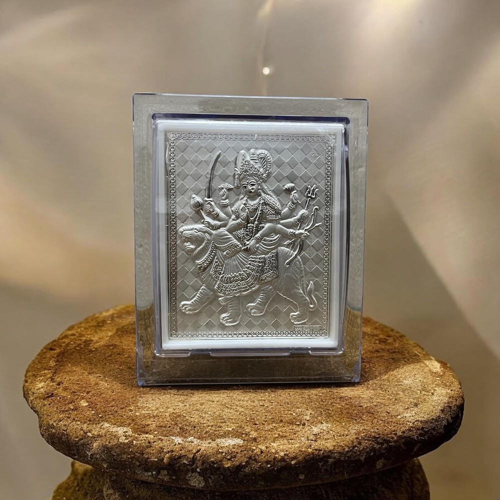 Pure Silver Devi Durga(Ambe Maa) Frame Tabletop Stand Suitable for Gift 11x9 Cm