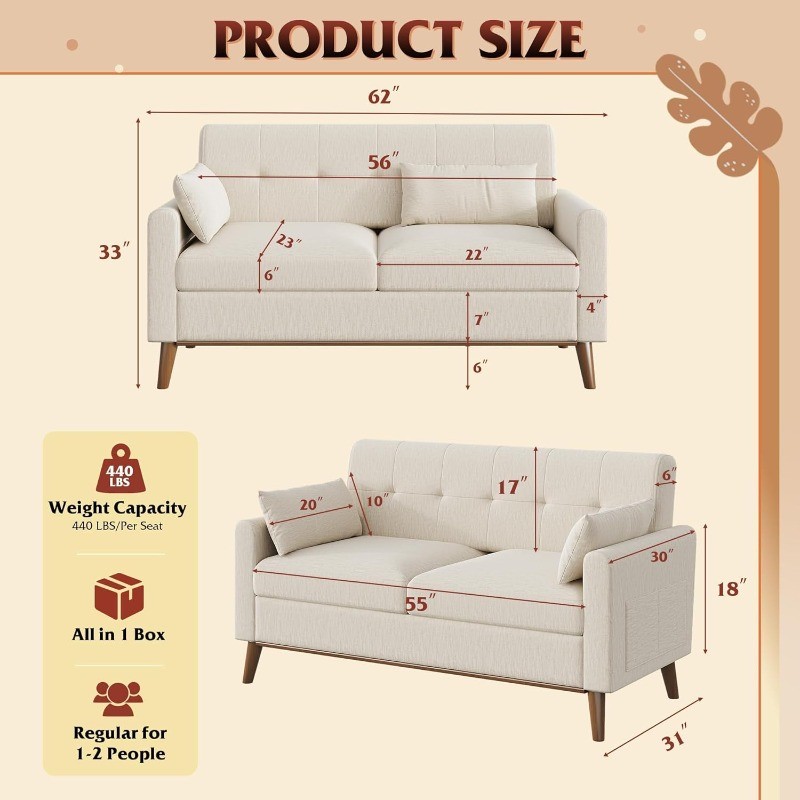 62" Loveseat Sofa Mid Century Modern Small Button Tufted Upholstered Couch