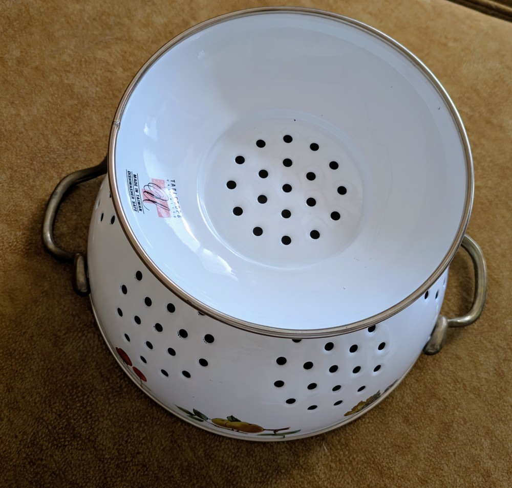Vintage White Colander Strainer Handles Fruit Cherries Design