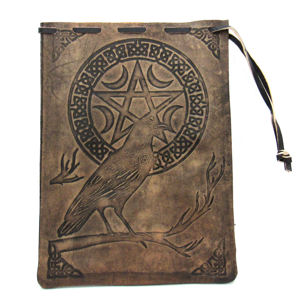 Raven and Pentagram Leather Tarot Bag 7" Embossed Drawstring Pouch