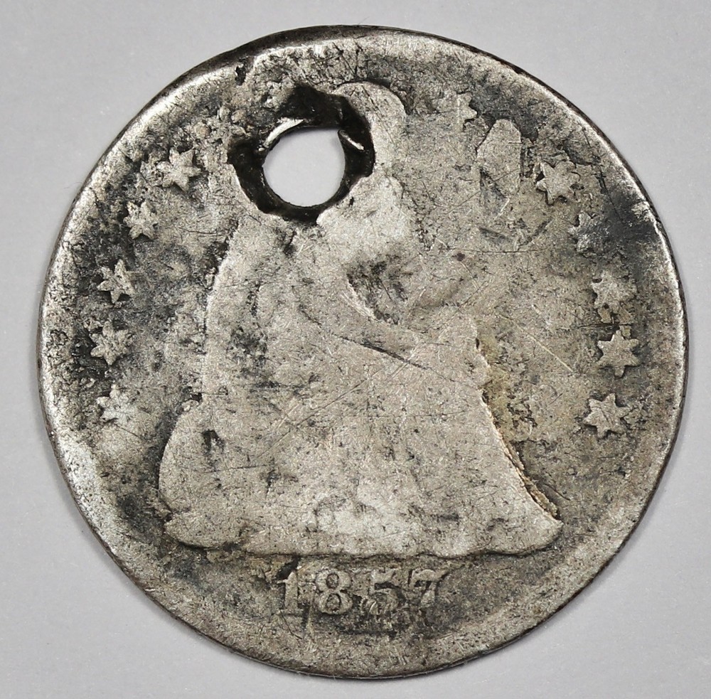 1857 Seated Liberty Half Dime.  Holed.  212295