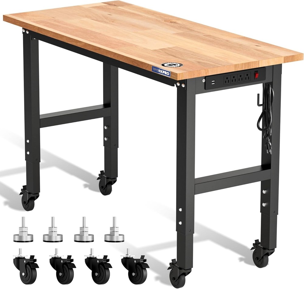 WORKPRO Adjustable Height Workbench 48"X22" Work Table With Wheels Leveling Foot