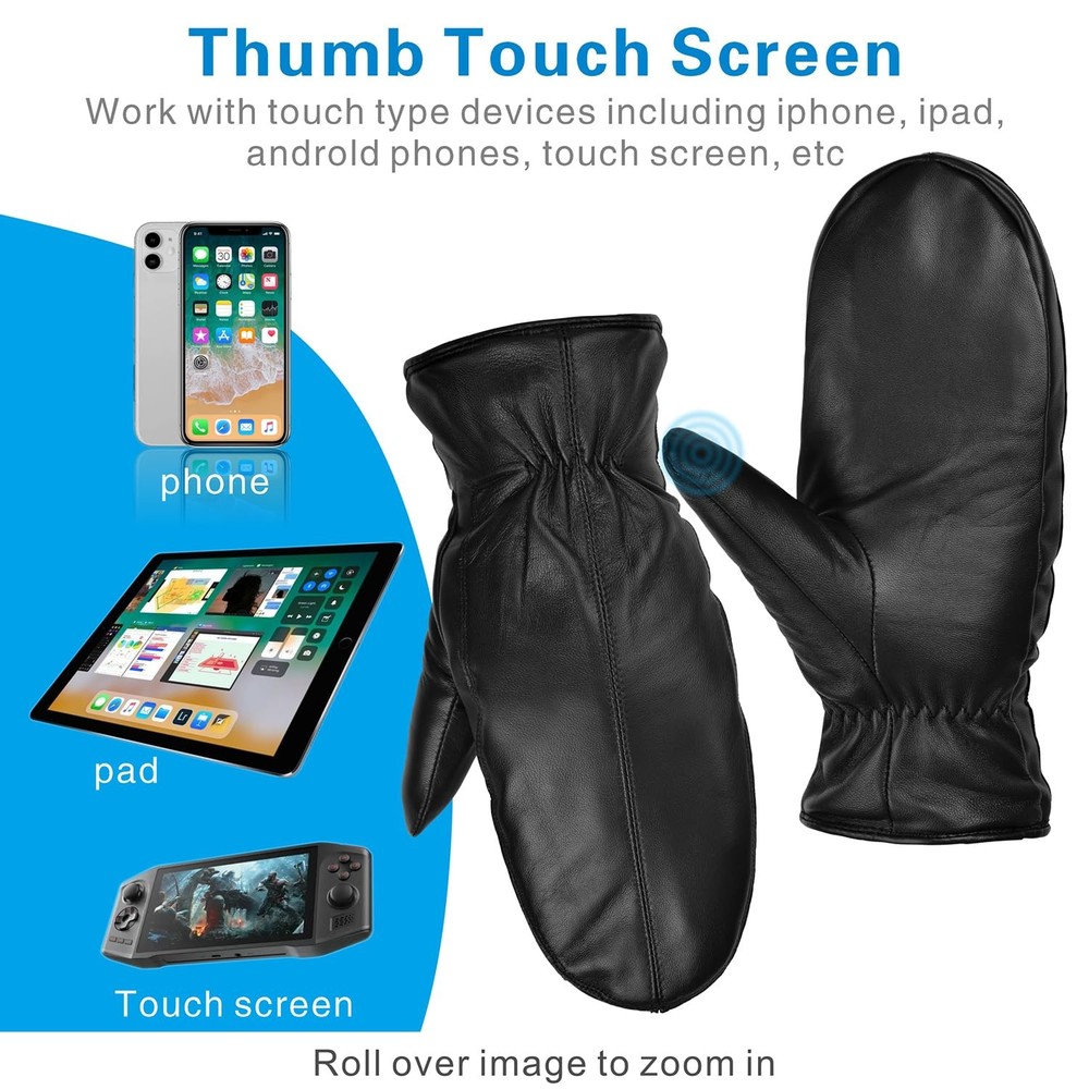 SURAWIL Winter Mittens - Mens Leather Touchscreen Warm Medium, Grey