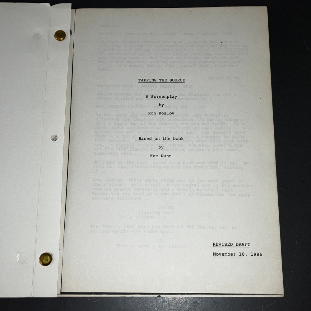 TAPPING THE SOURCE (11/18/86) Unmade Kem Nunn Surf Noir Script by Ron Koslow+COA