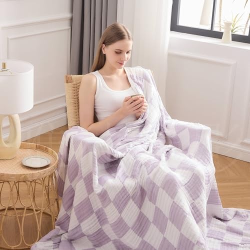 Checkered Cotton Blanket Size for Bed Soft Large Queen 51 - Checkered Lavender