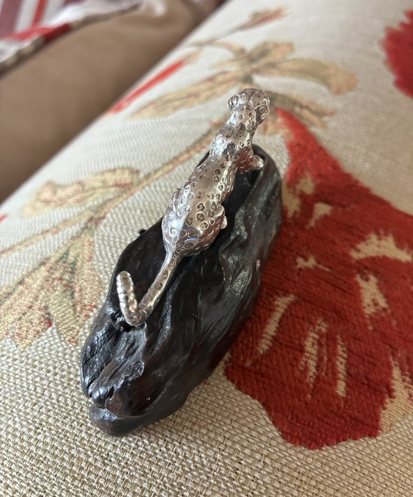 PATRICK MAVROS- Leopard on dark wood base - SILVER - Medium size- with box