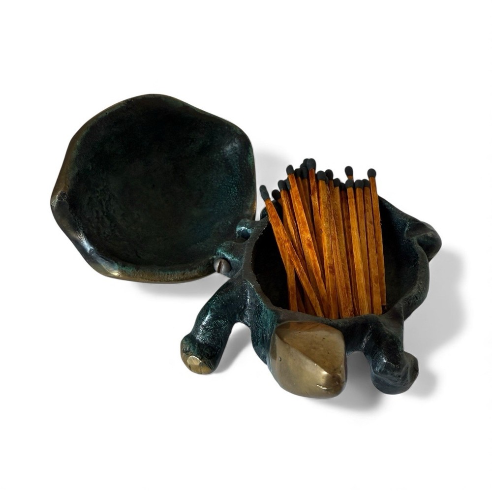 Antique Matchstick Holder Turtle Shell Verdigris Heavy Bronze