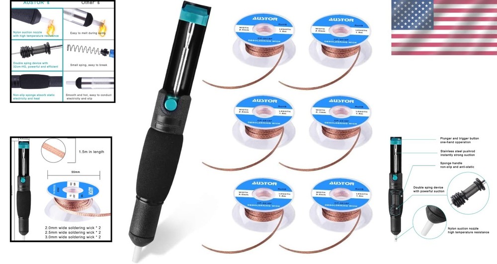 Comprehensive Solder Removal Tool Set: Desoldering Pump & 6 Wicks, Durable
