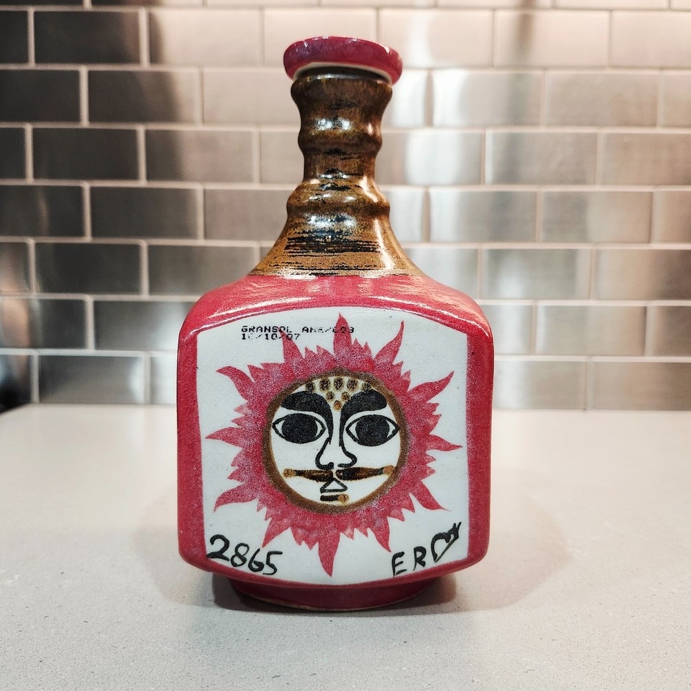 Tequila Mexican Pottery Empty Bottle Mustache Sun Design Signed Numbered