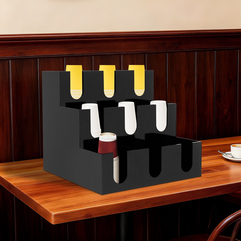 Black Acrylic Coffee Cup Holder Tabletop Disposable Cups Organizer 9-Compartment
