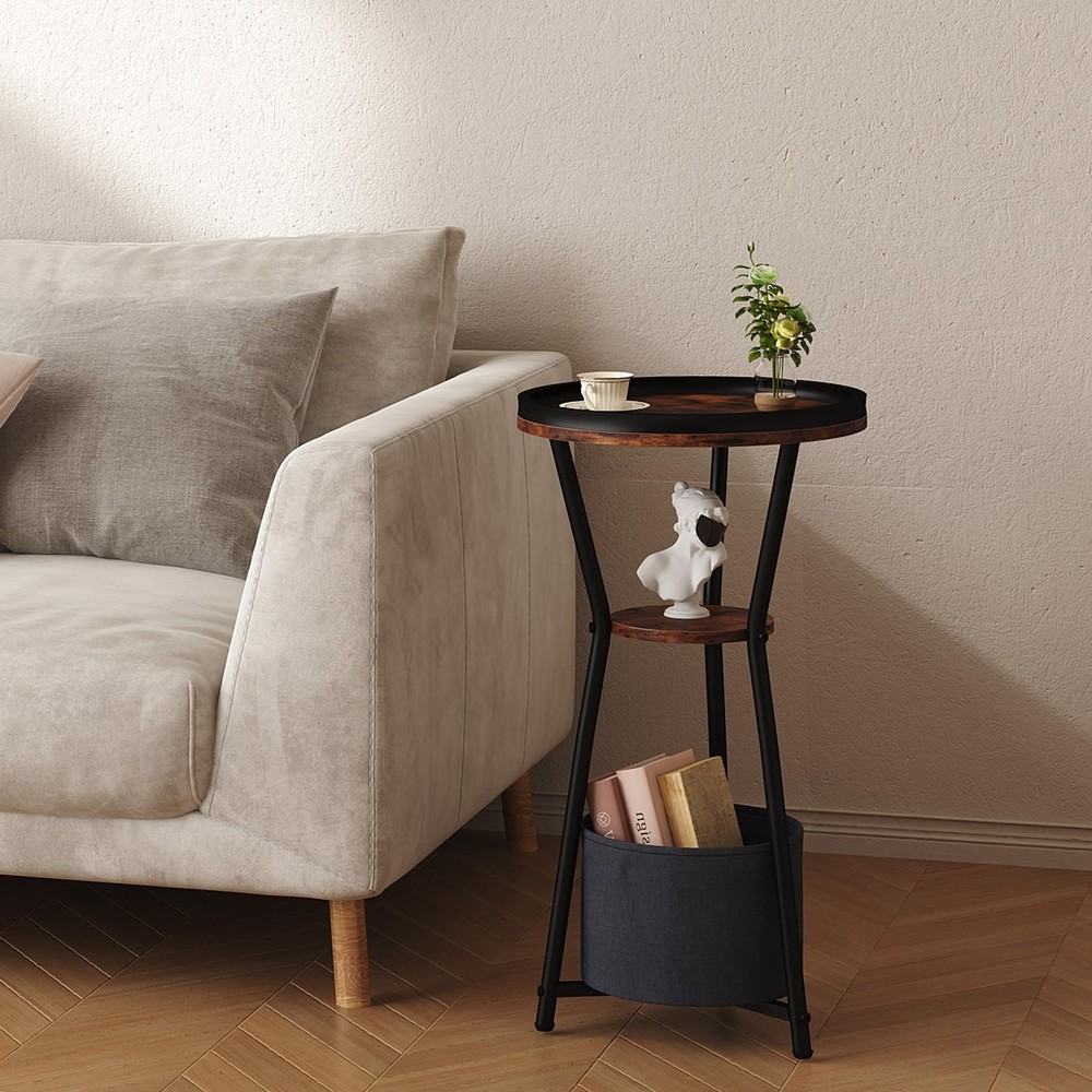 Round Side Table Small Drink 3Tier Industrial End Nightstand Rustic Brown