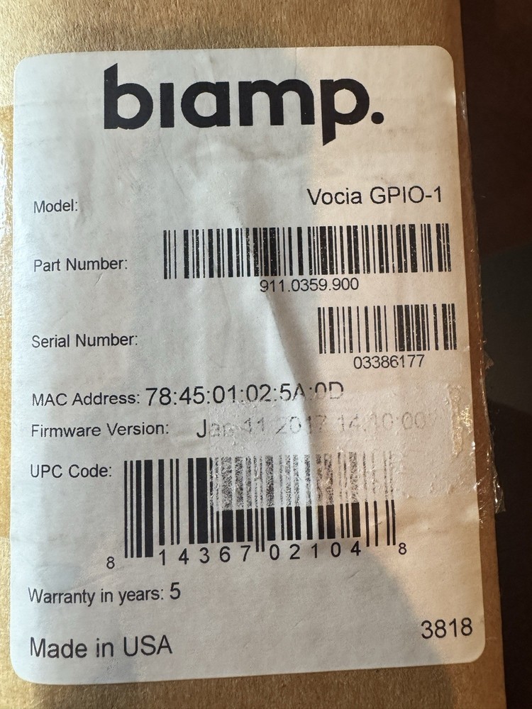 Biamp Vocia GPIO-1 - General Purpose Input/Output Device