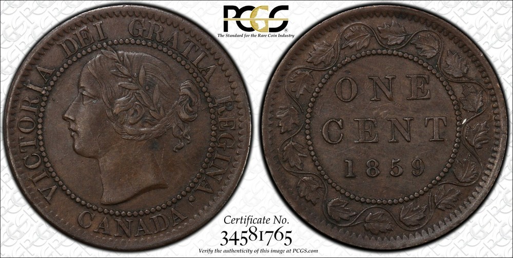 Canada 1859 1 Cent Narrow 9 PCGS AU-50