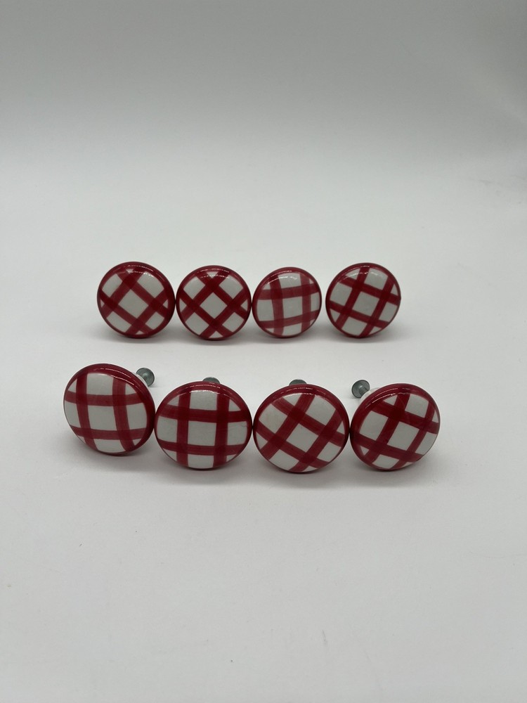 Vintage Ceramic Red And White Gingham Drawer Pulls, Set Of 8